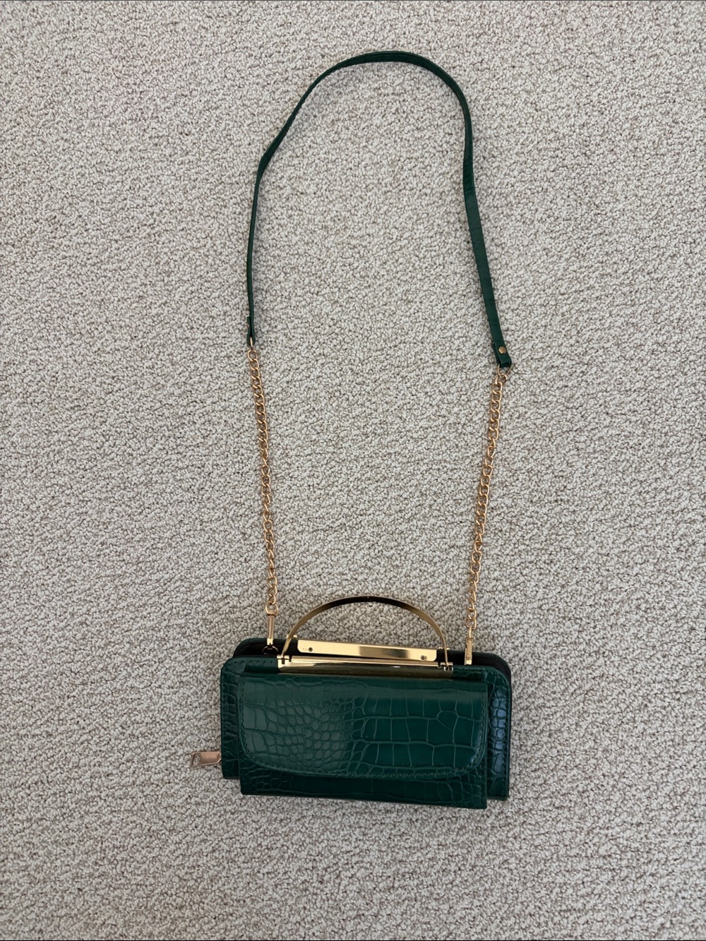 Dark Green Croc-Embossed Chain Shoulder Bag